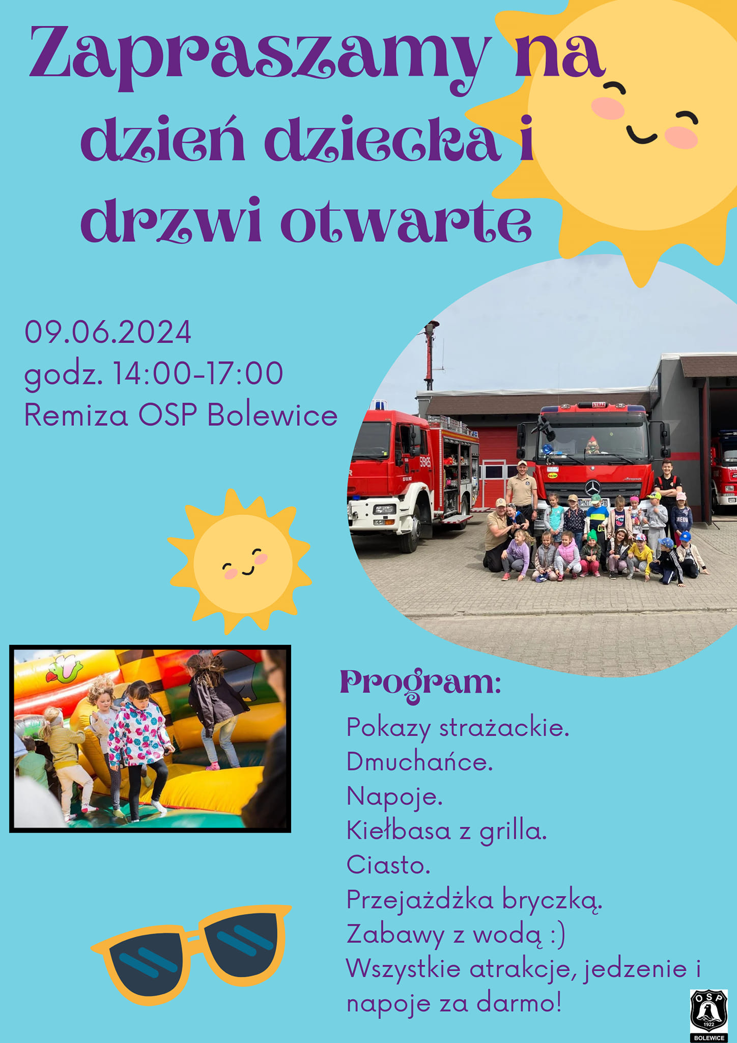 Plakat dotyczący dnia dziecka oraz drzwi otwartych OSP Bolewice