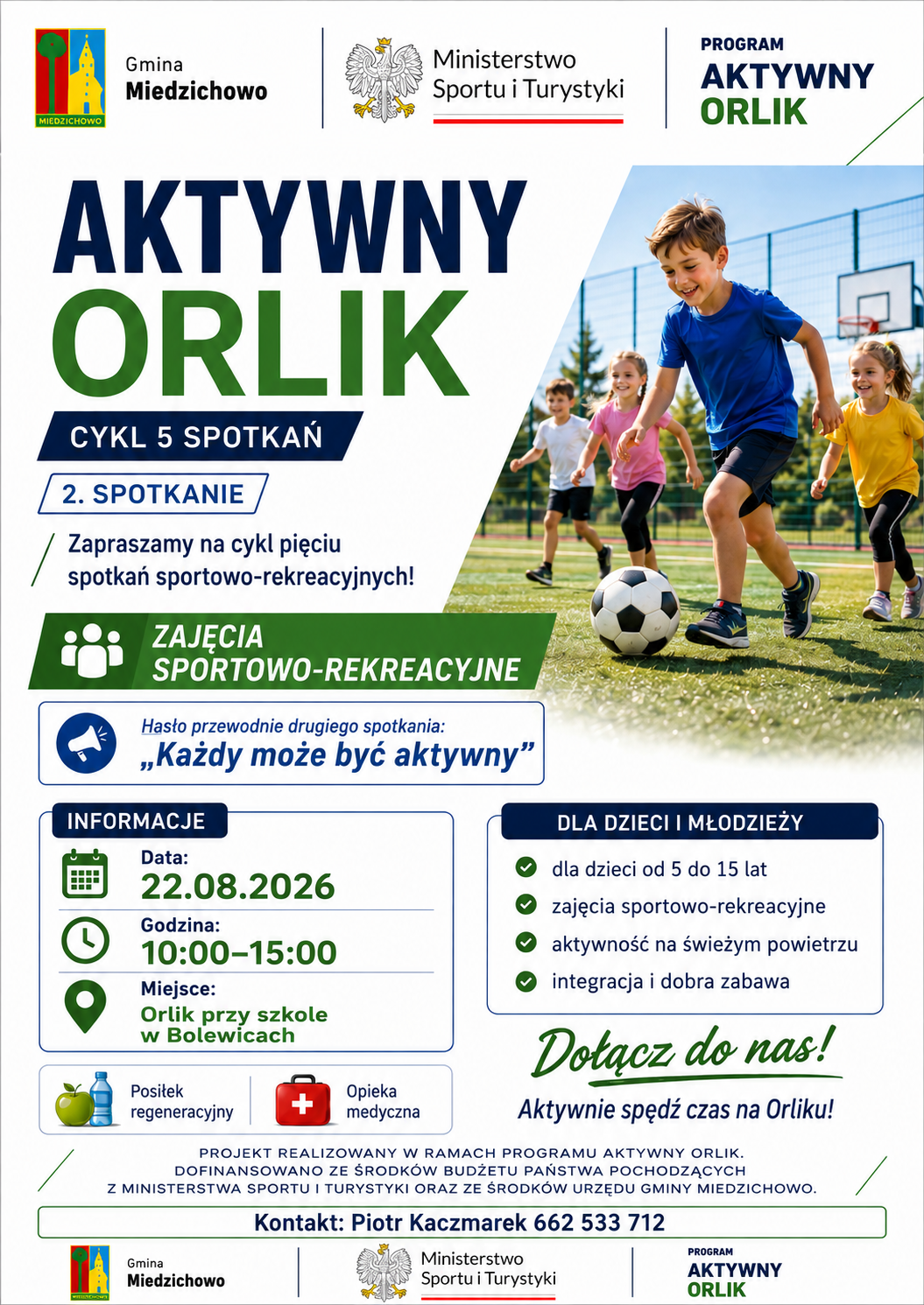 Grafika przedstawia plakat zapraszający na&nbsp;aktywny orlik w&nbsp;Bolewicach.