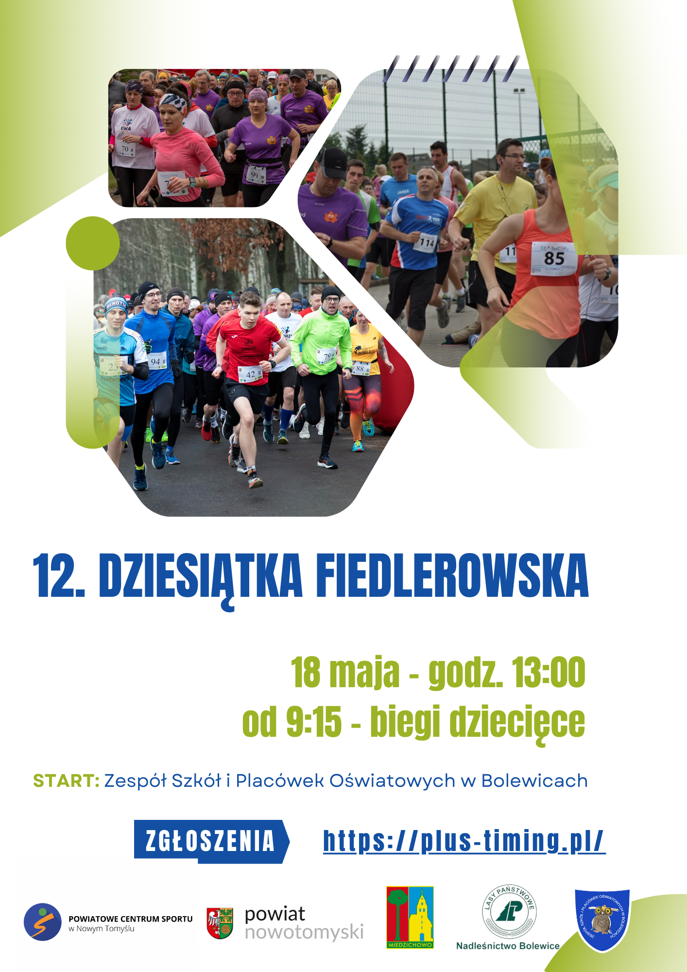 plakat informacyjny dot. biegów fiedlerowskich, które odbędą sie 18 maja 2024 w szkole w Bolewicach.