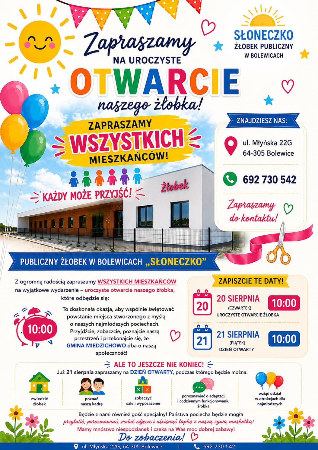 Grafika przedstawia plakat zapraszający na&nbsp;otwarcie złobka w&nbsp;Bolewicach, kt&oacute;re ma odbyć sie 20 sierpnia 20206 r. 