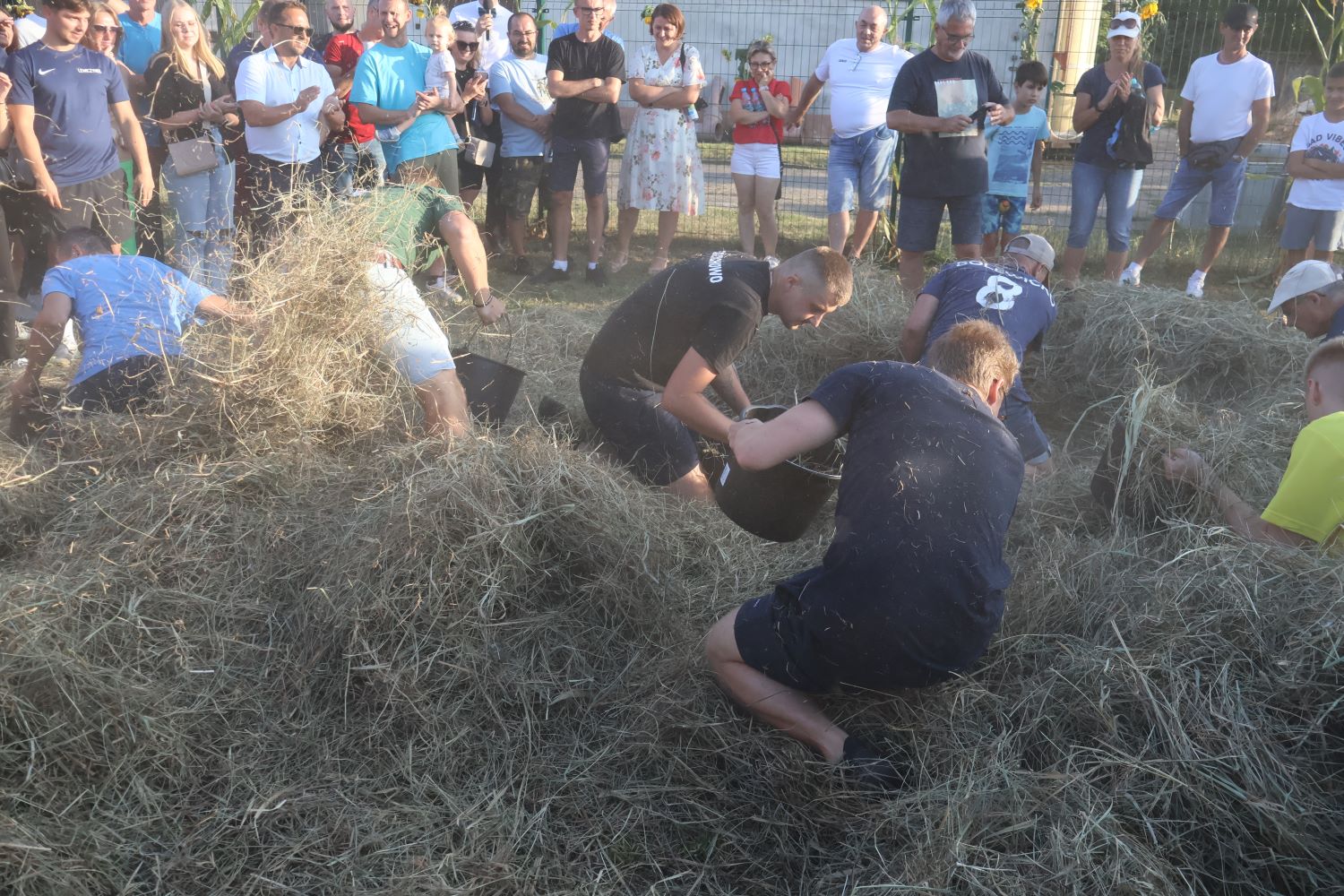 Turniej Wsi- szukanie ziemniaków i orzechów w stogu siana