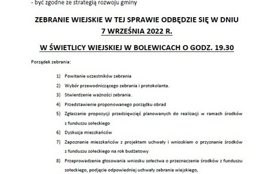 Zdjęcie do ZAWIADOMIENIE O ZEBRANIU WIEJSKIM!- BOLEWICE - FUNDUSZ SOŁECKI