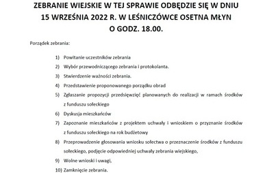 Zdjęcie do ZAWIADOMIENIE O ZEBRANIU WIEJSKIM!- BŁAKI - FUNDUSZ SOŁECKI