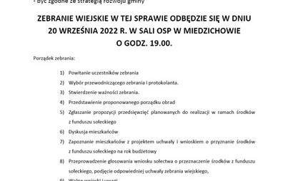 Zdjęcie do ZAWIADOMIENIE O ZEBRANIU WIEJSKIM!- MIEDZICHOWO - FUNDUSZ SOŁECKI