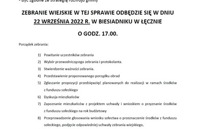 Zdjęcie do ZAWIADOMIENIE O ZEBRANIU WIEJSKIM!- ŁĘCZO - TOCZEŃ - FUNDUSZ SOŁECKI