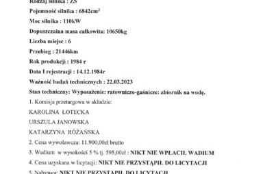 Zdjęcie do Informacja o wynikach przetargu  ustnego nieograniczonego z dnia 16 listopada 2022 na okoliczność sprzedaży: Specjalnego samochodu pożarniczego (średni gaśniczy) Marka: STAR