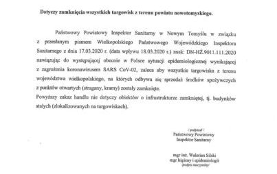 Zdjęcie do Państwowy Powiatowy Inspektor Sanitarny w Nowym Tomyślu informuje o zamknięku wszystkich targowisk z terenu powiatu nowotomyskiego 
