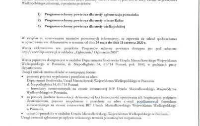 Zdjęcie do Ogłoszenie Zarządu Wojew&oacute;dztwa Wielkopolskiego o przystąpieniu do procedury zapewnienia udziału społeczeństwa w opracowywaniu projekt&oacute;w dokument&oacute;w Program&oacute;w ochrony powietrza