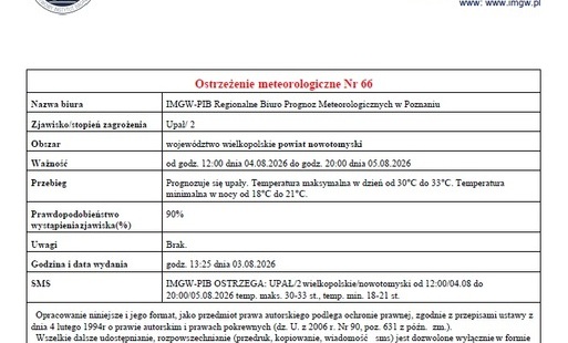 Zdjęcie do Ostrzeżenie meteorologiczne - UPAŁ